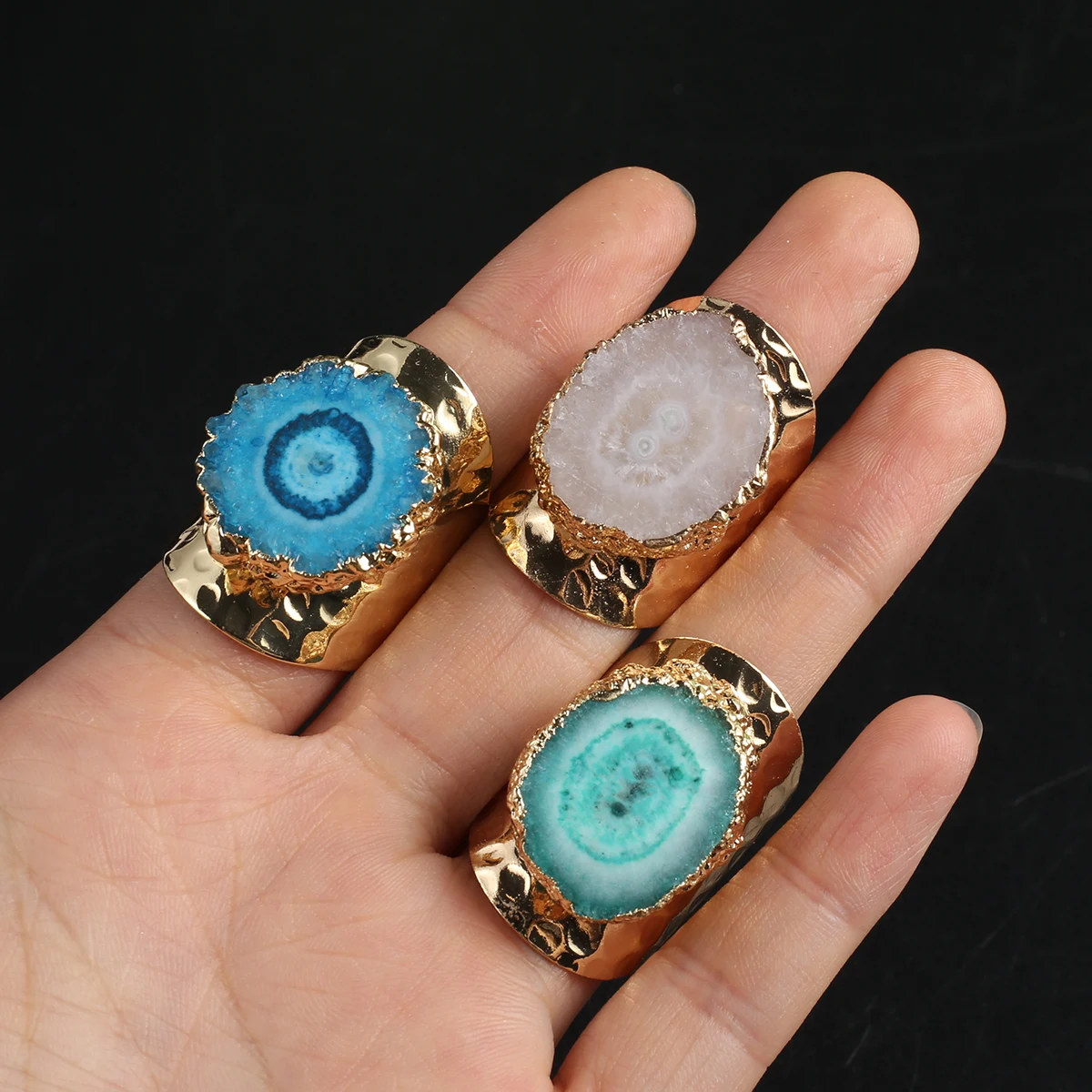 

3pcs Colorful Natural Druzys Stone Rings Mix Color Agates Finger Rings Adjustable for Women Men Party Wedding Jewelry Gift