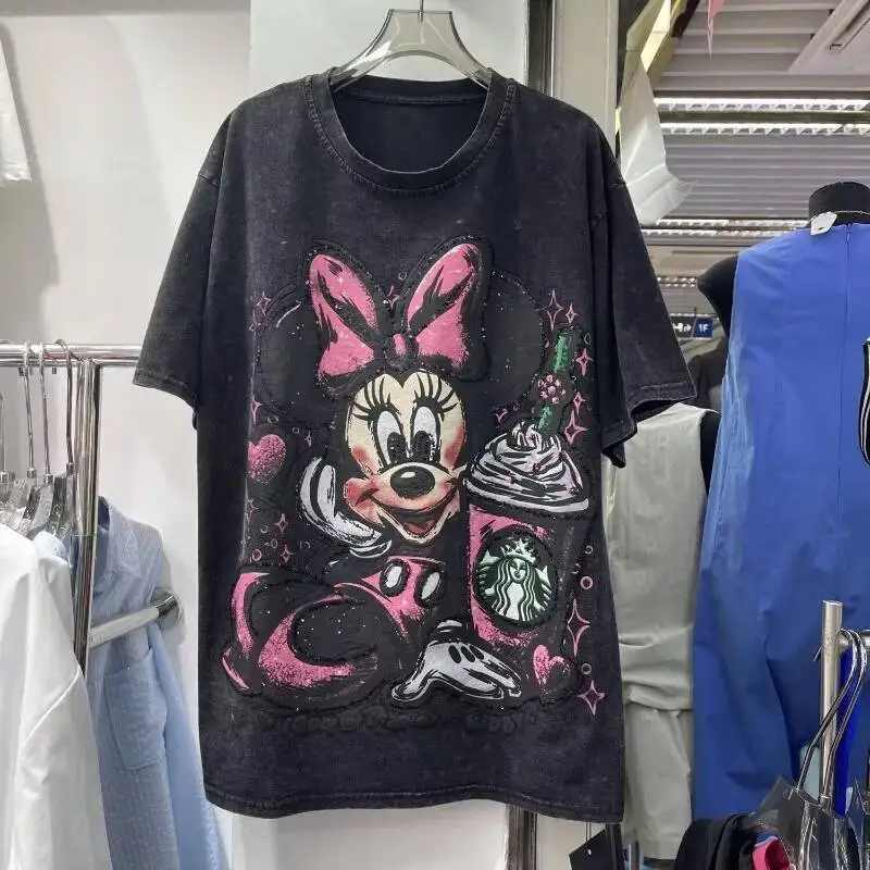 

Oversized T Shirt European Version Cartoon Minnie Summer New Loose Heavy Industry Washed And Worn Short Sleeved Vintage Clothes