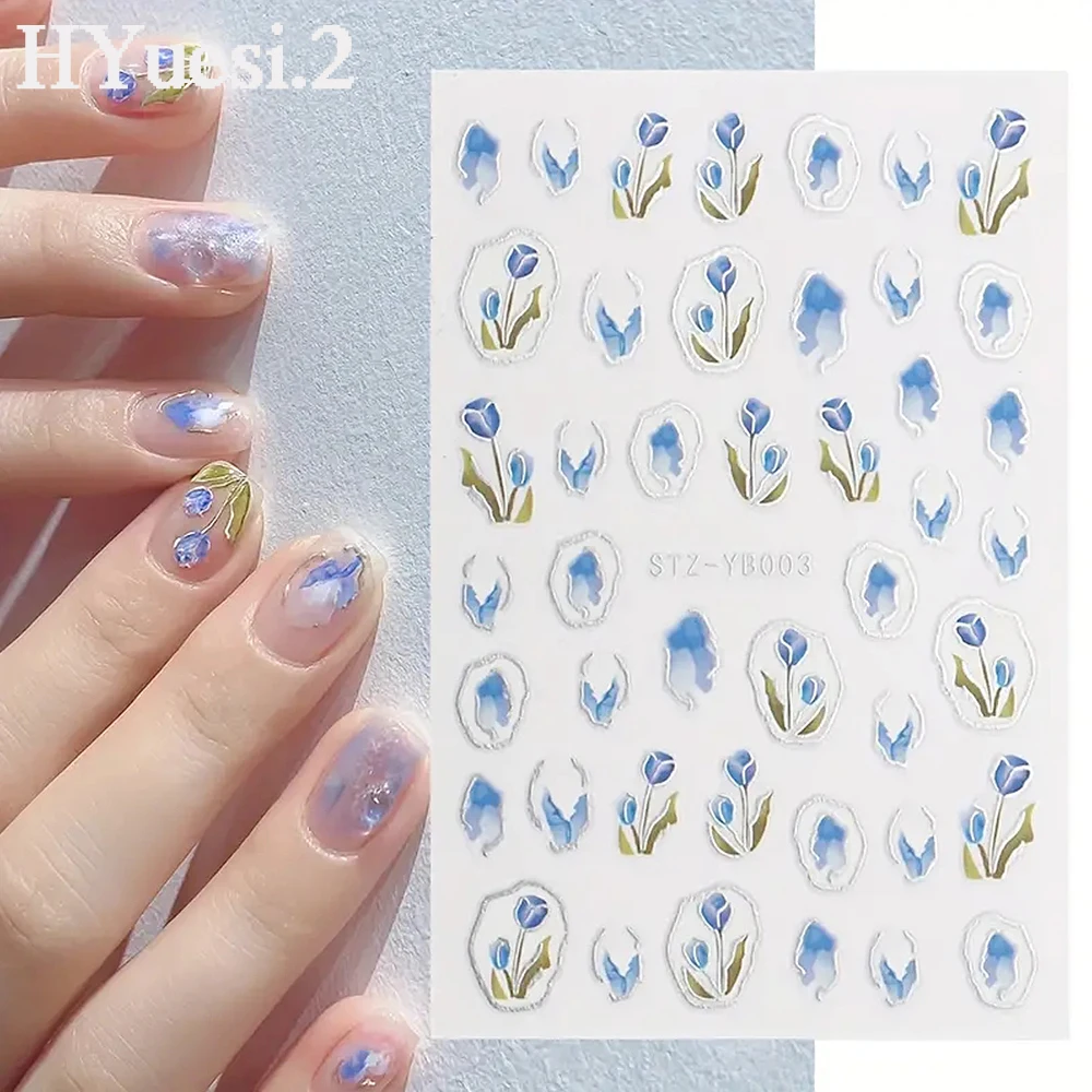 3D Tulip Flowers Nail Stickers Self Adhesive Embossed Nail Art Decals For Women Girls Summer DIY Manicure Decoration