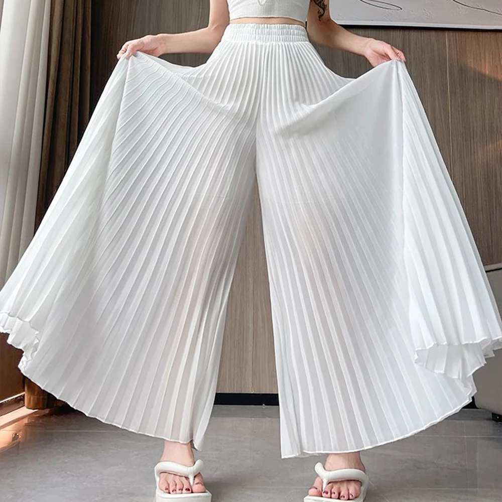 Chiffon pleated wide-leg pants women's 2025 summer new loose and thin casual pants drape pleated trouser skirt