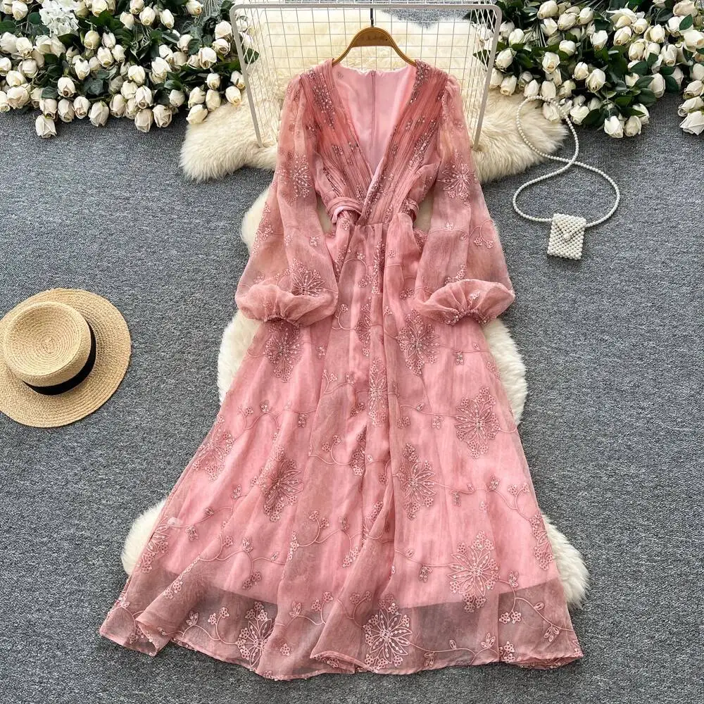 

Элегантное платье трапециевидной формы с вышивкой и пайетками в стиле ретро, повседневное платье с высокой талией, женские сарафаны, церемониальные платья