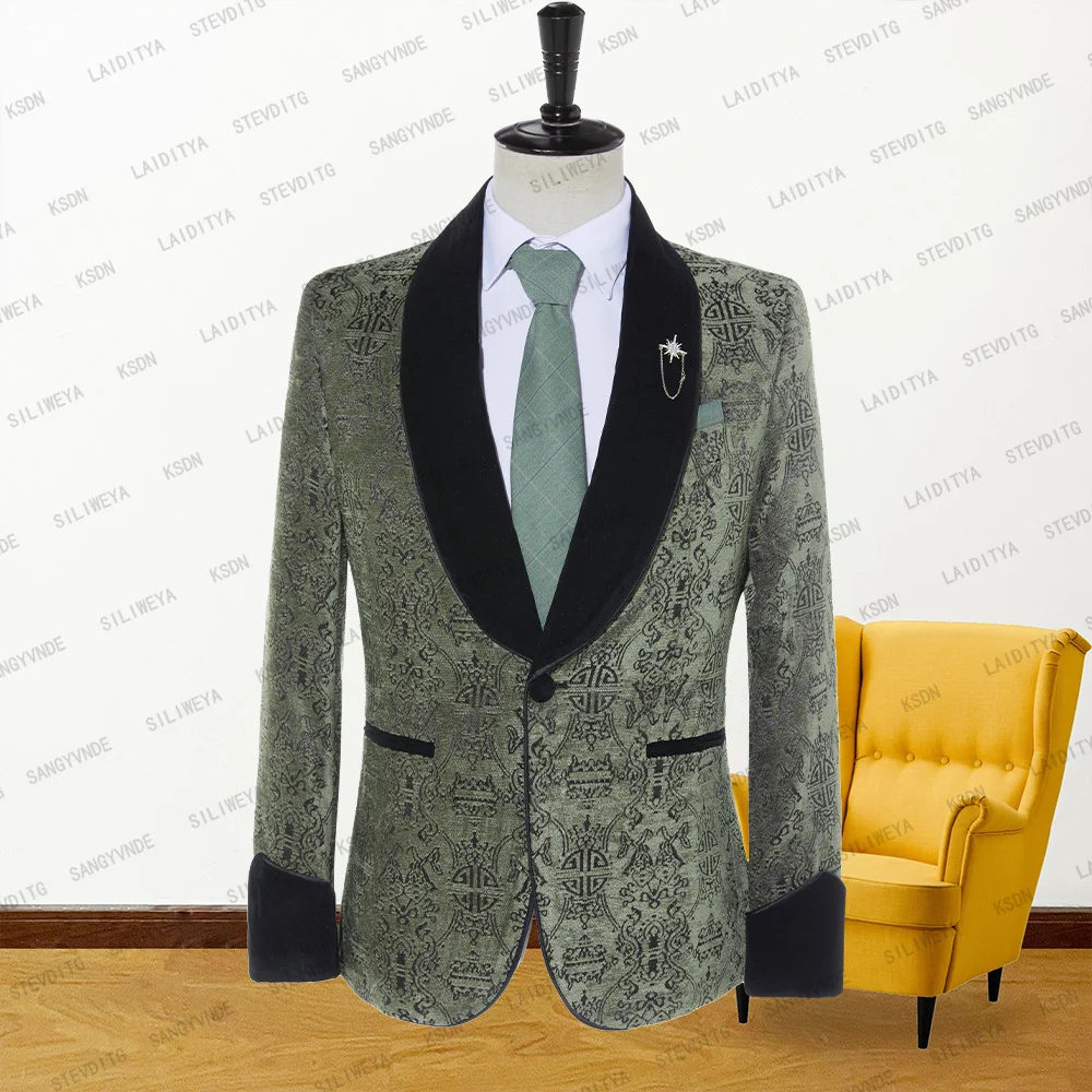 

2023 Men Suits Formal Slim Fit Tuxedo Green Corduroy Reto Classic Pattern Black Velvet Lapel Male Groom Jacket Blazers Coat