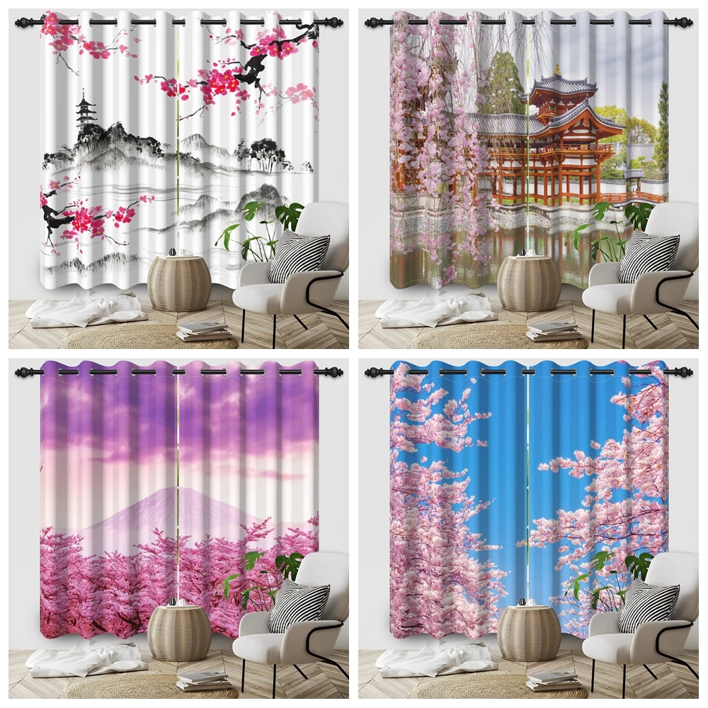 2pcs/set Japanese Mount Fuji Cherry Blossoms Window Curtain Spring Pink Flowers Bedroom Living Room Blackout Polyester Curtains