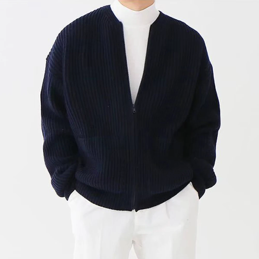 Autumn Outerwear Men's Casual Solid Knitted Jacket Japanese Cardigan Sweater Trendy Streetwear Zipper Long Sleeve Knitted Coat