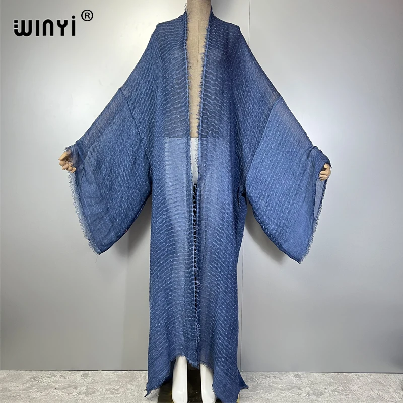 WINYI เรขาคณิตพิมพ์กิโมโน kaftan beachwear เสื้อสเวตเตอร์ถักชุดราตรี abaya ดูไบหรูหรา cover-ups ชุดชายหาดผู้หญิงชุดยาว