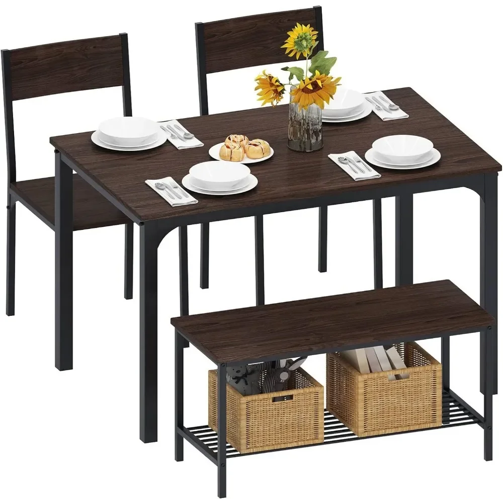 Kitchen Table 4-Piece  and 2 Chairs for 4 with Bench, for Small Space, Living-Room, Restaurant, Dining Table Set