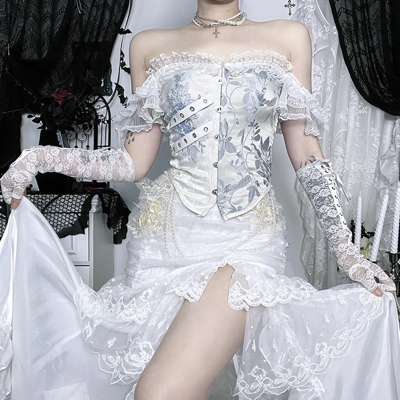 

2025 женская белая юбка в готическом стиле Y2K с высоким разрезом, винтажная эстетичная длинная юбка высокого класса в стиле Лолиты с французской вышивкой