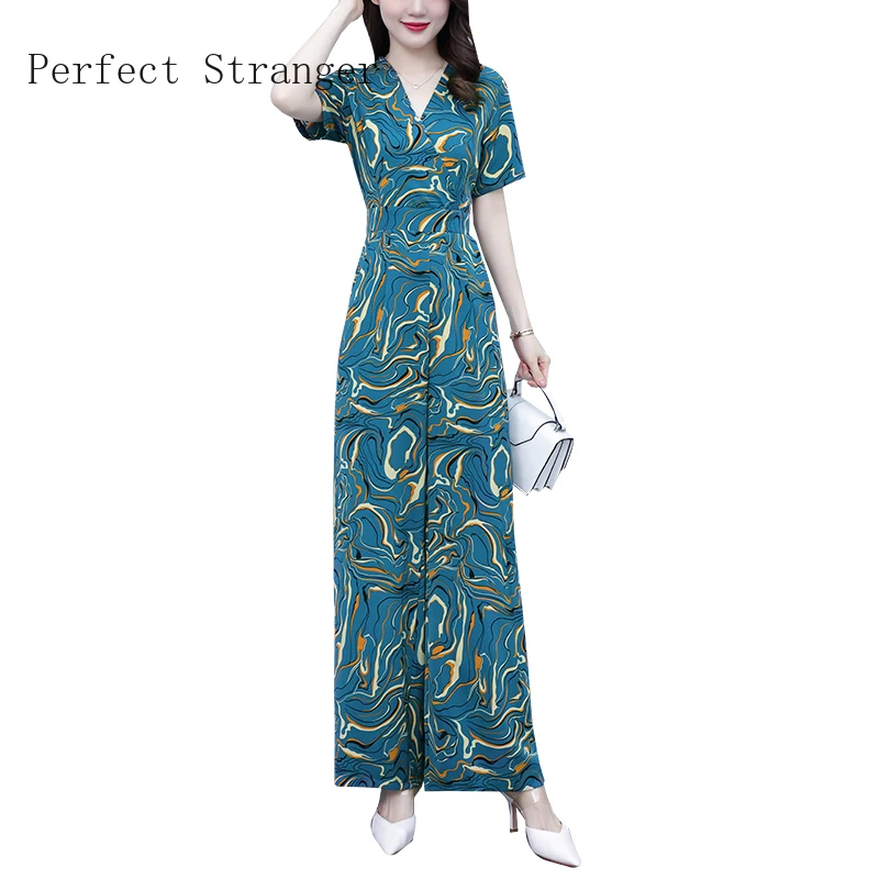 Jumpsuits Women Elegant for Party 2022  Jumpsuit Short Sleeve High Waisted  Printed V Neck Long Rompers Office Overalls