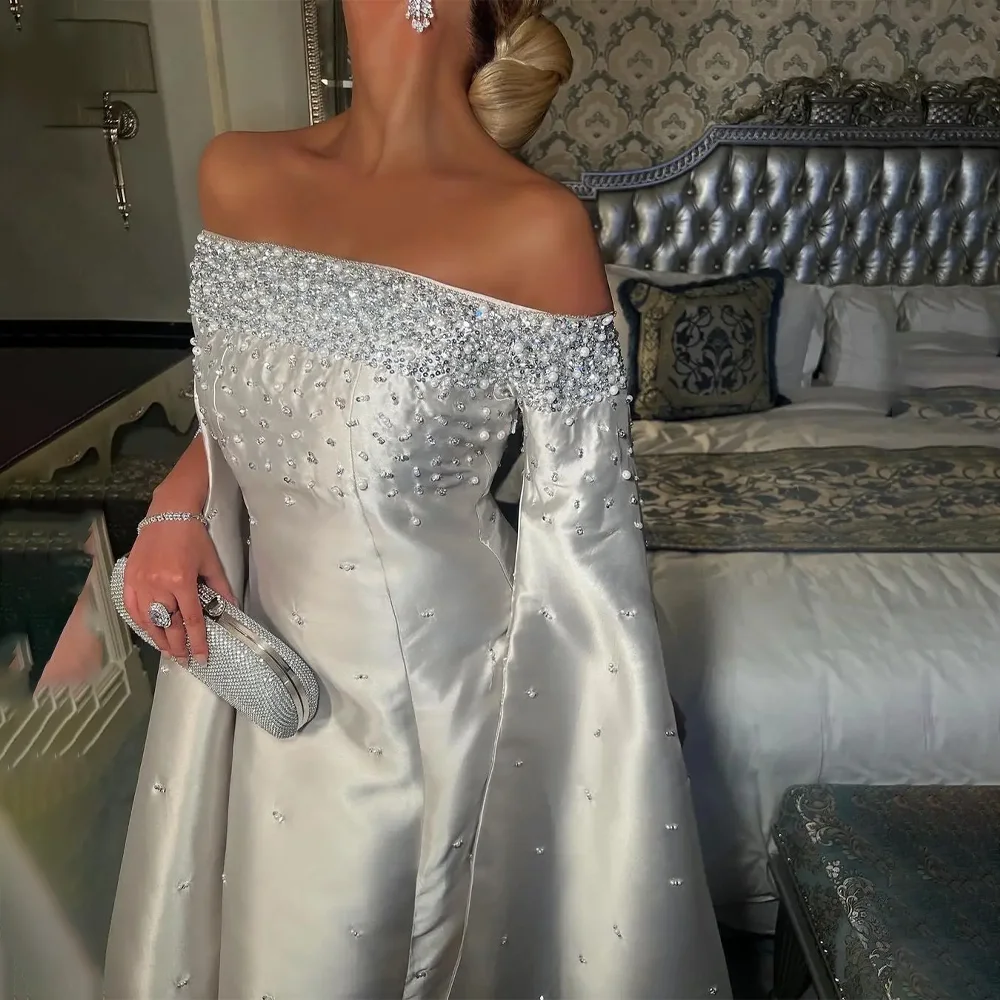 Aangepaste Saoedi-Arabië avondjurk off-the-shoulder kralen een lijn formele avondjurken voor dames bruiloft jurken