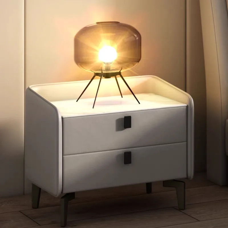 

Bedroom solid wood bedside table light luxury rock slab bedside table modern simple small narrow cabinet leather locker