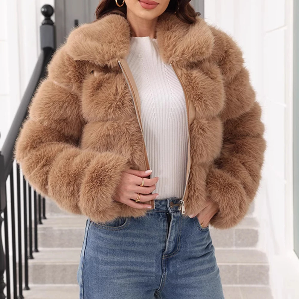 

New Imitation Fur Coat Women Winter Clothing Thickene Warm Long Sleeve Short Style Versatile Plush Splicing Zipper Design Jacket