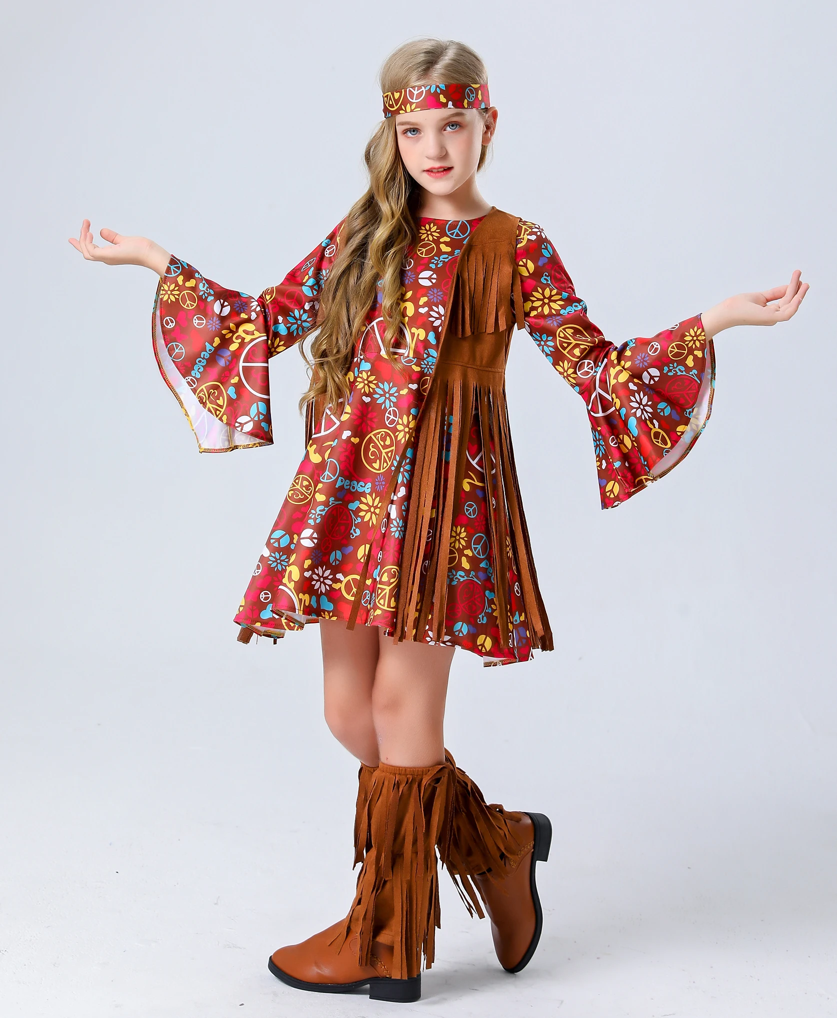 Child Retro 60s 70s Tassels Hippie Costume Halloween Party Cosplay Hip Ho Disco Girl Hippy Dress Up