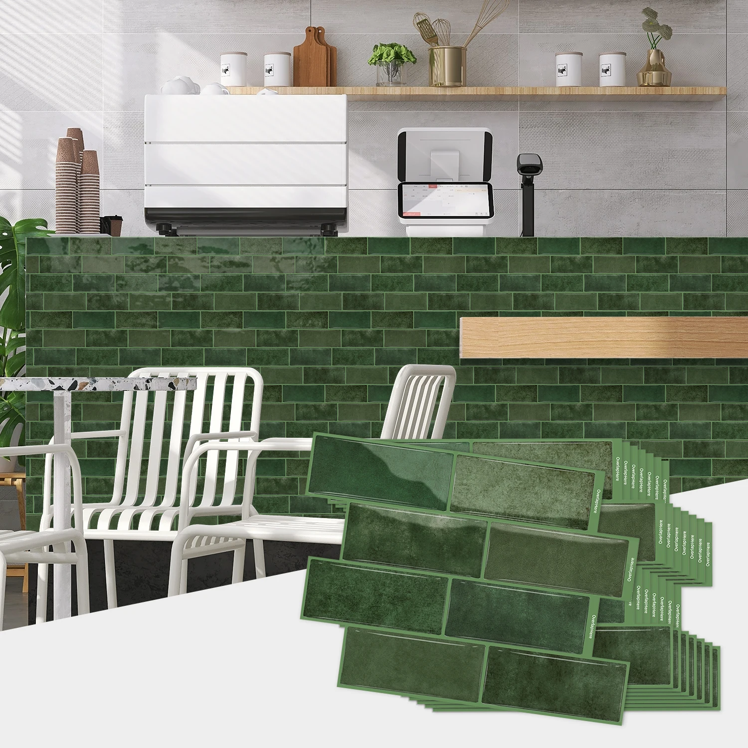 ウォールステッカー、キッチンやバスルームのレトロな空間、深い緑色のディストレスト加工、滴り接着剤付きの粘着装飾ステッカー