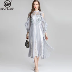 Women's Runway Dresses O Neck Long Sleeves Ruffles Beaded Embroidery Sexy Tulle Laid Over Elegant Party Prom