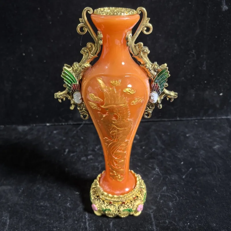 Luminous Gilded Vase Resin Ornament, Dragon and Phoenix Inlaid Design, Home Decoration, Antique Collectible,