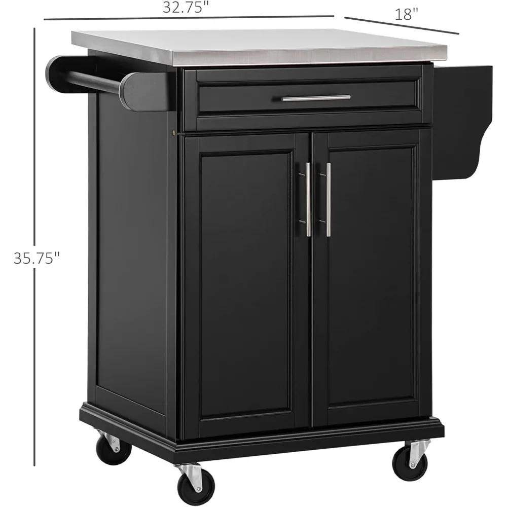 Rolling Kitchen Island Cart,with Stainless Steel Countertop, Drawer, Towel Rack and Spice Rack, Utility Storage Trolley, Black