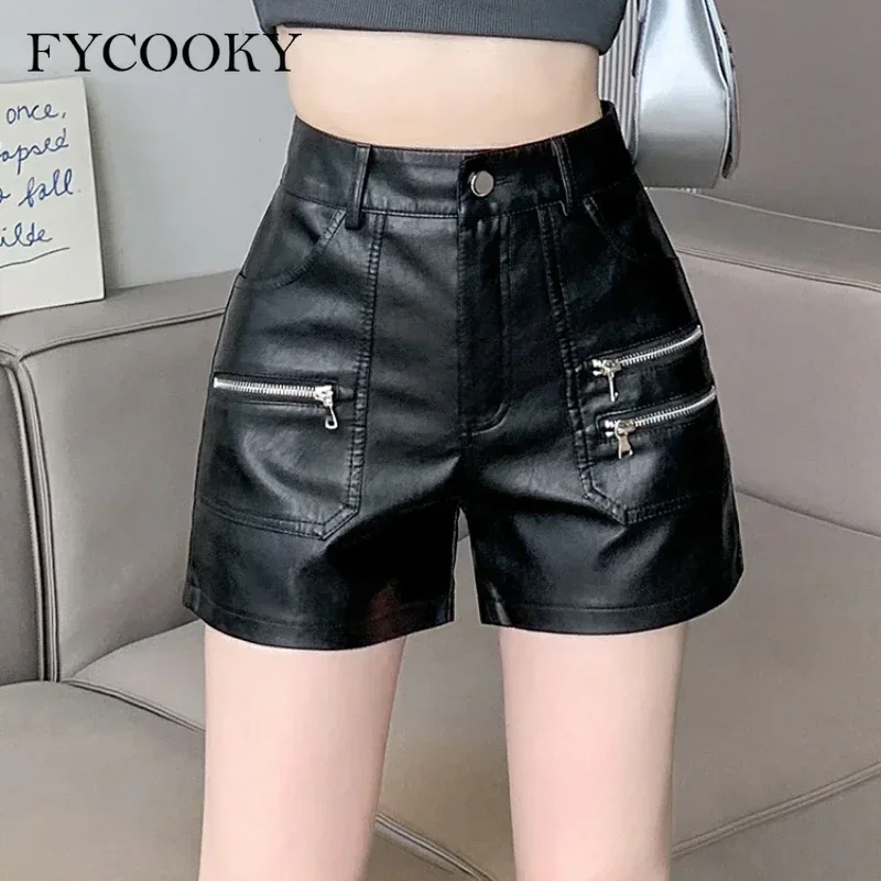 

2025 PU Leather Shorts Women New Fashion Punk Style High-waisted Solid Female High Street Y2k Shorts Woman