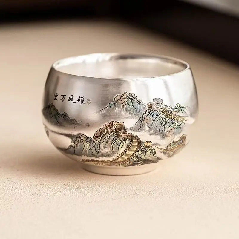 130ML Xiongfeng Wanli Luohan Cup Light Luxury Master Cup Hand Painted 999 Silver Ceramic Teacup Tea Ceremony Accessorie Ornament