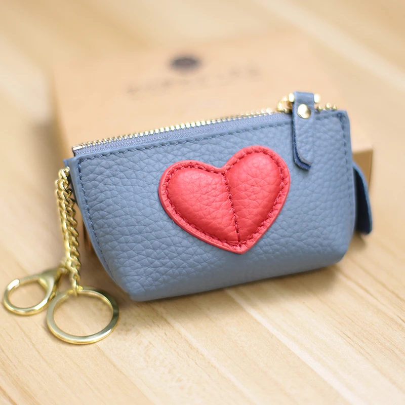 2023 Genuin Leather Heart Coin Purse Women Key Holder Ladies Cute Heart Patch Small Pouch Key Holder Leather Coin Wallet Purse