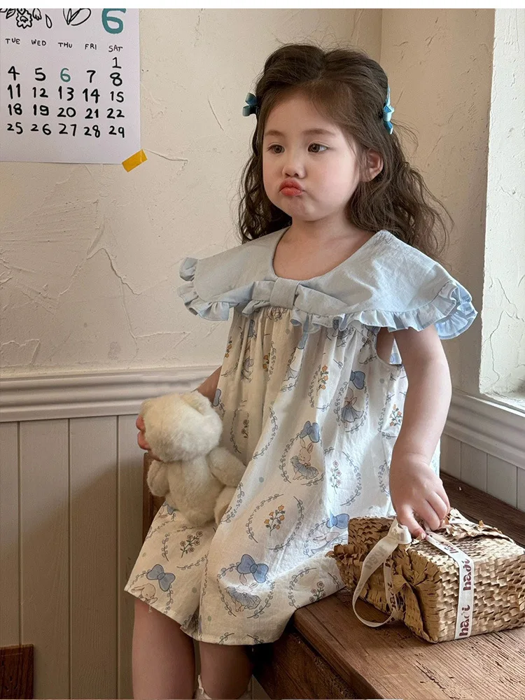 

Girls2024Summer New Little Girl Lapel Floral Cotton Skirt Baby Sleeveless Cute Fashionable Dress