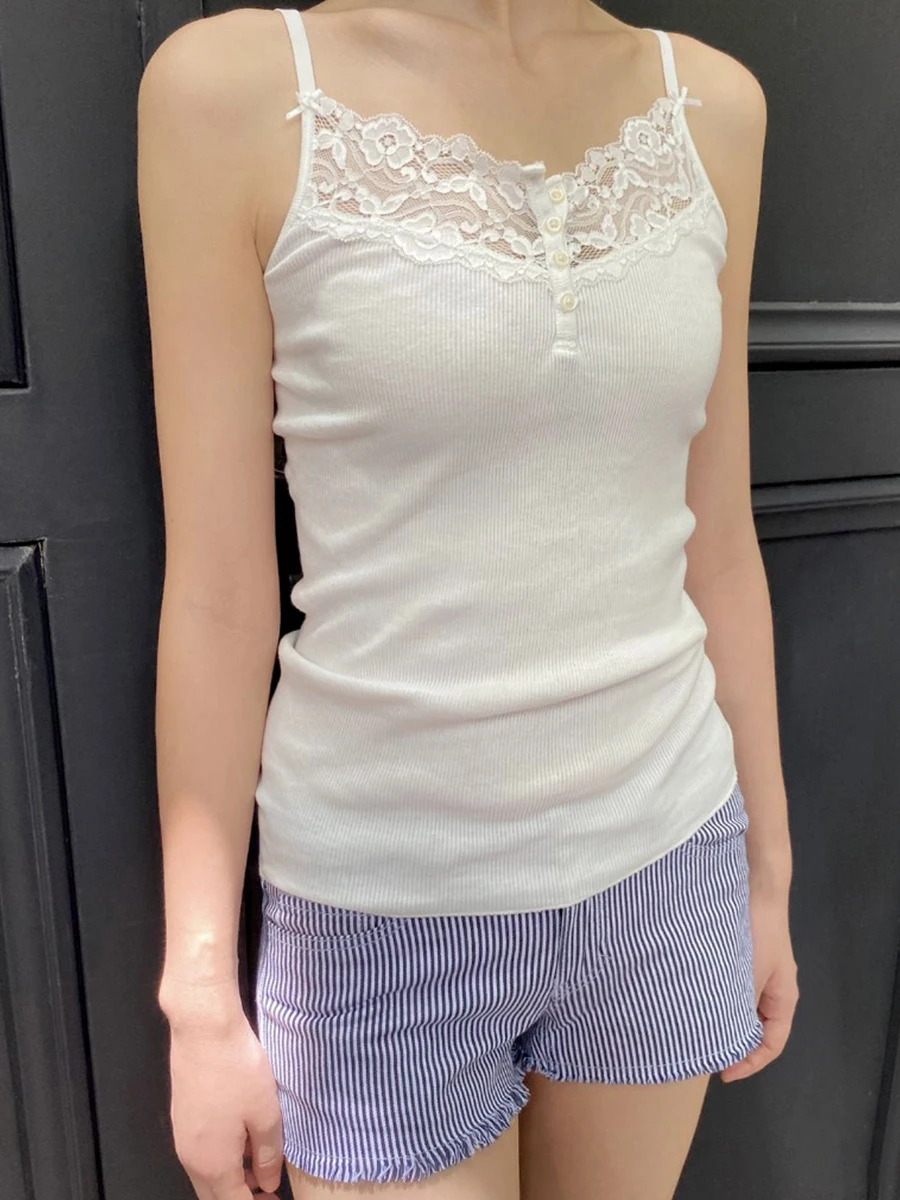 여성용 레이스 트림 버튼 립 슬림 탱크 탑, 민소매 코튼 화이트 심플 조끼, 빈티지 스위트 베이직 캐미솔 Y2k 탑, 여름