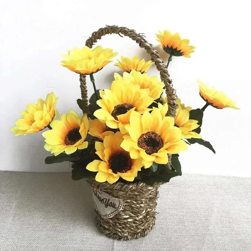 1 Bunch 7 Heads Artificial Sunflowers 29cm Shrubs Fake Flower Bouquet For Garden Bookstore Wedding Cafe Store Party Decor