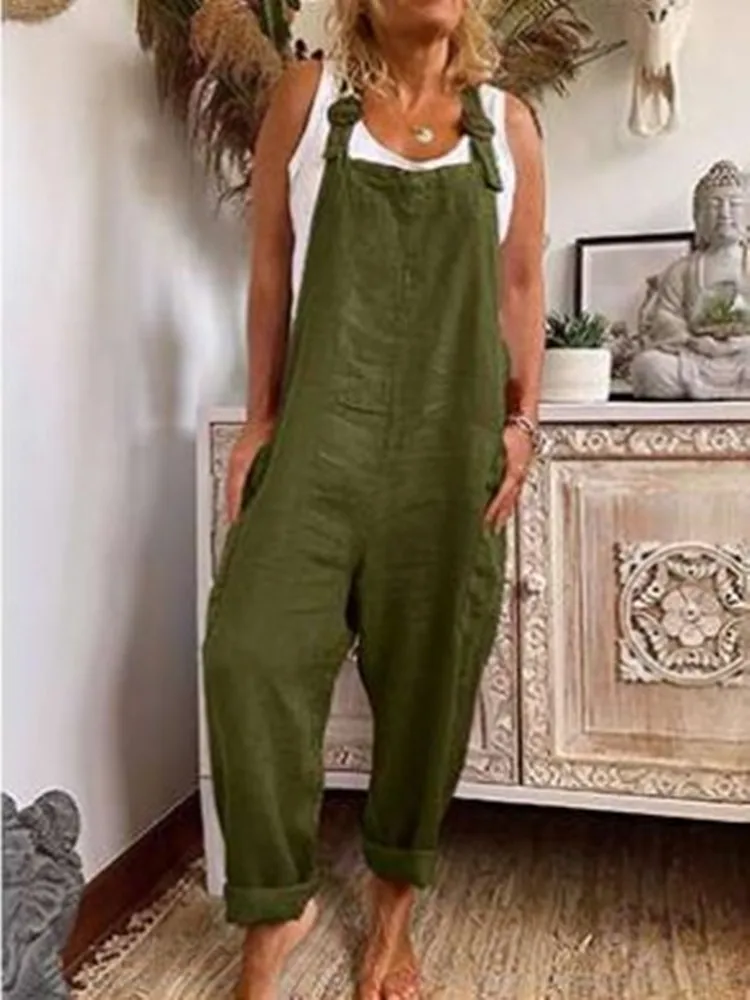 Large size Linen Women Jumpsuits Casual  Vintage Solid Color Sleeveless Adjustable Straps Loose Jumpsuit Bib Overalls