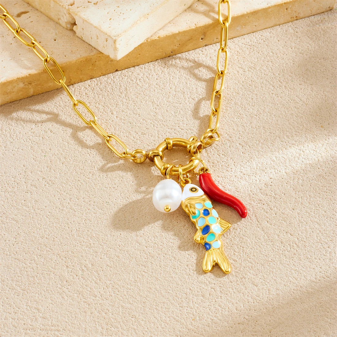 Stainless Steel Blue Enamel Personalized Fish Bone Design Pearl Pepper Pendant Necklace Women Glamorous Neck Chain