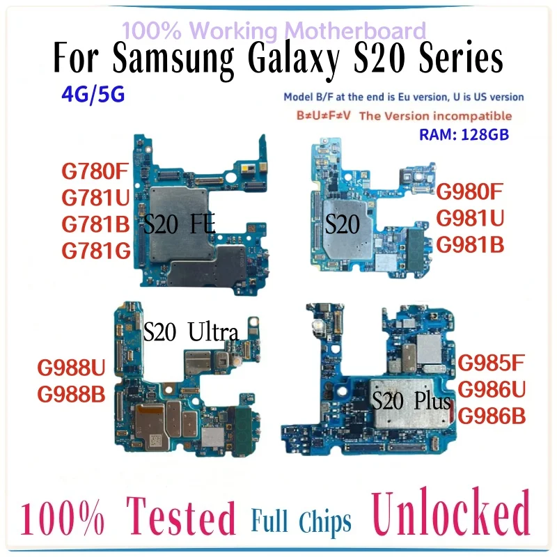Placa base desbloqueada S20FE G781B/U para Samsung Galaxy 5G S20 Plus G981B/U G986 S20Ultra G988, placa lógica de Chips completos 4G G980/G985