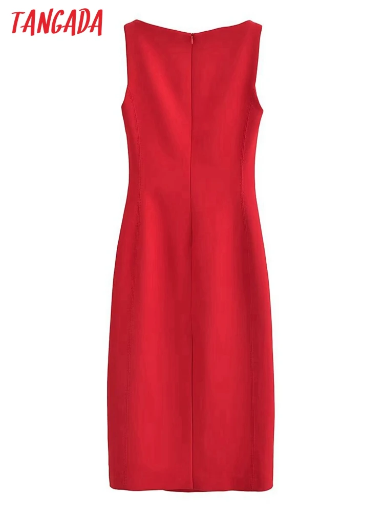 Tangada 2023 Women Red Elegant Dress Sleeveless Female Zipper Midi Dress 6P292