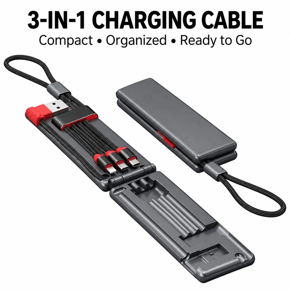 Compact 3-in-1 charging cable kit with an integrated storage case for commuting, travel, office desks and everyday carry.
