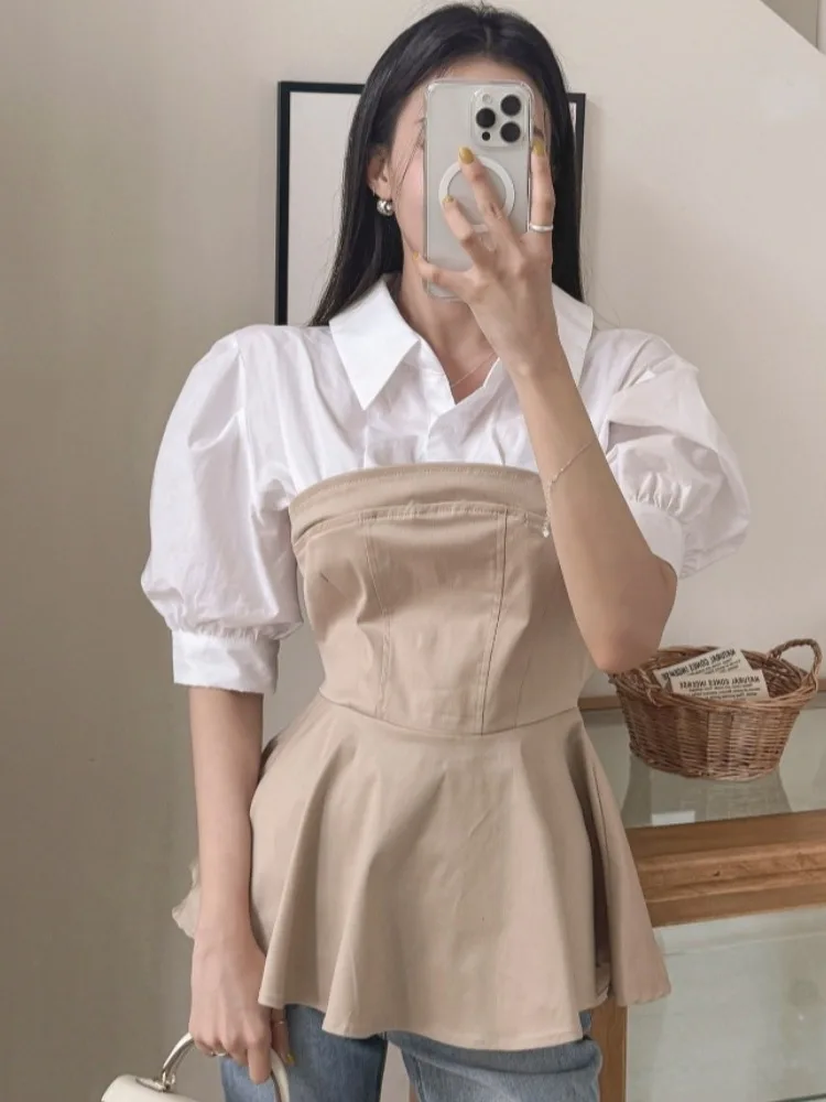 Женский летний облегающий топ Irt Fake из двух предметов Ne ort Sve Bubble Sve Color Blo Design, универсальный топ Sli