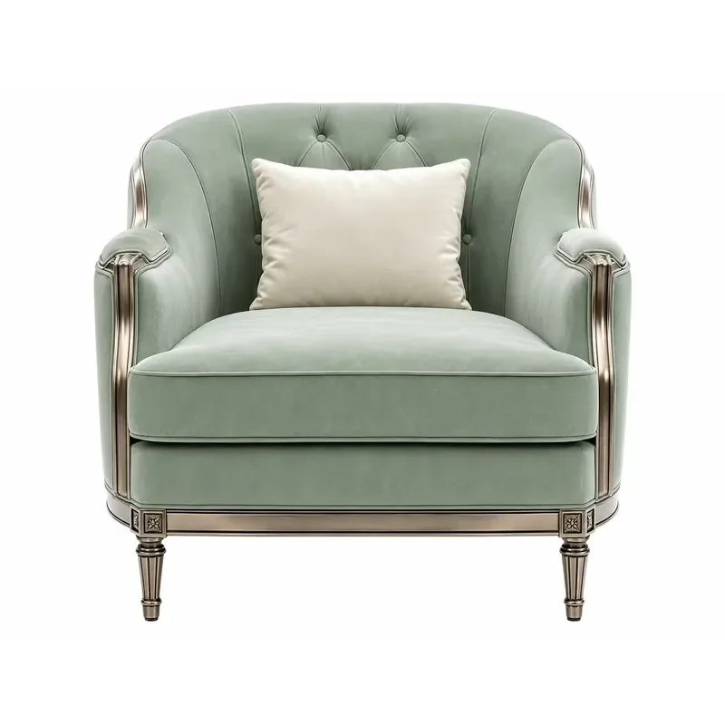 Luxury Velvet Armchair with Tufted Backrest Metal Trim and Legs for Living Room Hotel Villa Furniture