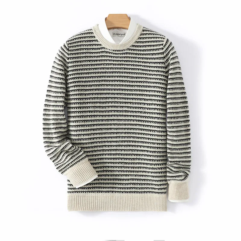

Осень-зима, полосатый мужской свитер из 100% чистой шерсти с круглым вырезом, вязаная свободная удобная кашемировая базовая рубашка, мужская одежда