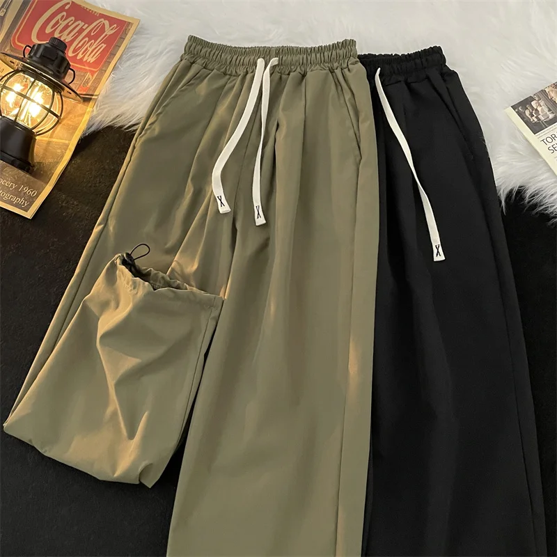 

2023 Men Spring Summer Fashion Casual Straight Pants Men's Korean Loose Wide-leg Pants Male Drawstring Casual Trousers F560