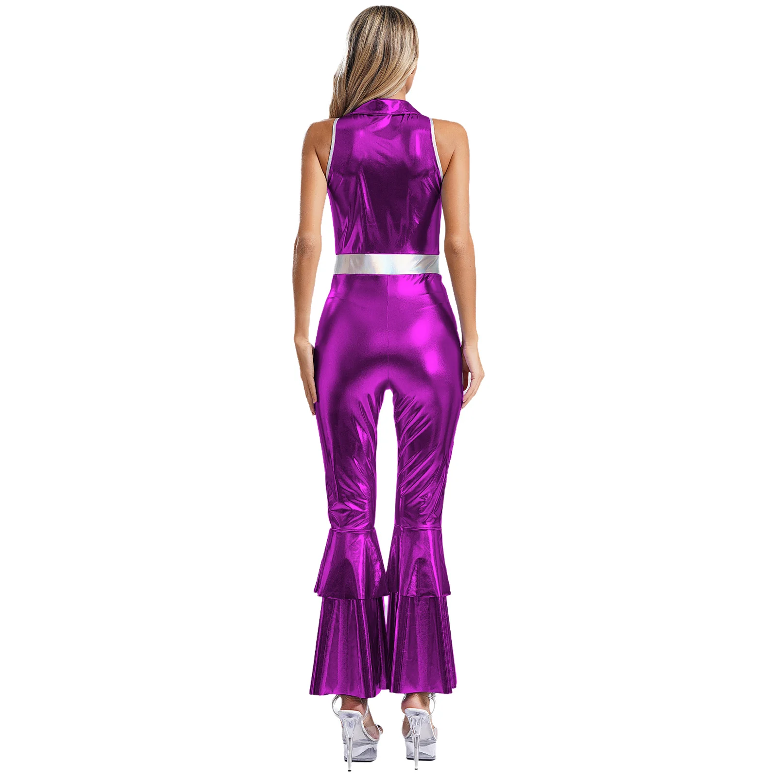 Women Shiny Metallic Jumpsuit 70s Disco Costume Lapel Collar Sleeveless High Waist Flared Jumpsuit Disco Dance Singer Costume