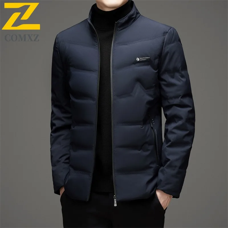 COMXZ Men Puffer Jacket Classic Stand Collar Commuting Office Warm Parka Versatile Urban Style Windproof Autumn Winter Garment