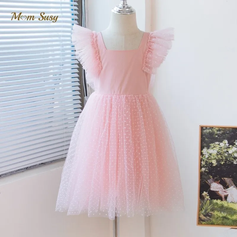 Baby Girl Princess Tutu Dress Fly Sleeve Infant Toddler Child Mesh Tulle Back Bow Vestido Dance Party Birthday Baby Clothes 1-5Y