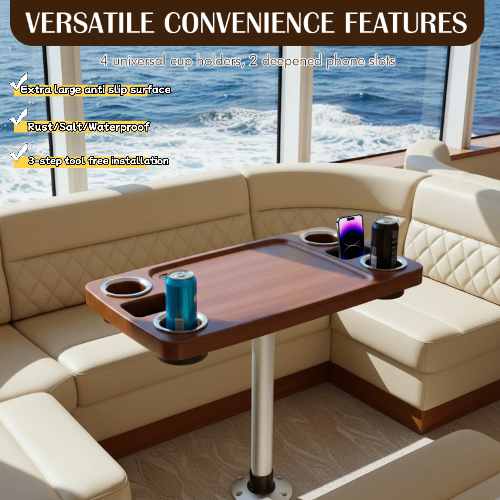 Removable Boat Table 34X18 Inch Rectangular Pontoon Boat Table Marine RV Table Top Phone Holder ABS Waterproof and Anti-Aging
