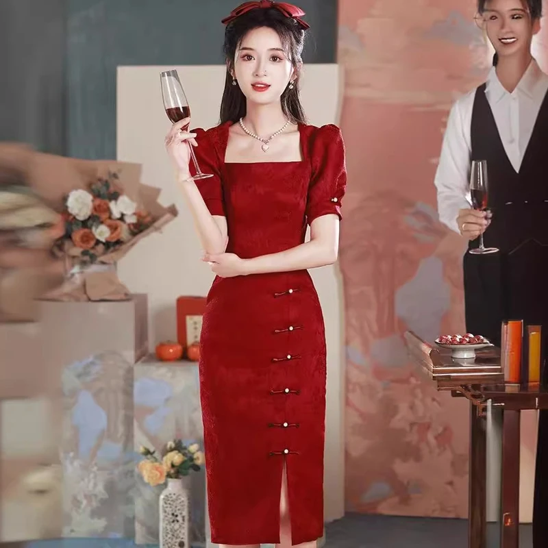 Vintage Burgundy Bride's Qipao Women Large Size 3XL Evening Party Dress Sexy Square Neck Chinese Traditional Novelty Cheongsam