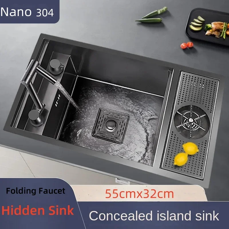 

55cmx32cm 304 Nano Stainless Steel Hidden Sink Folding Faucet with Large Single Slot and Cover Plate Bar Counter Cup Washer