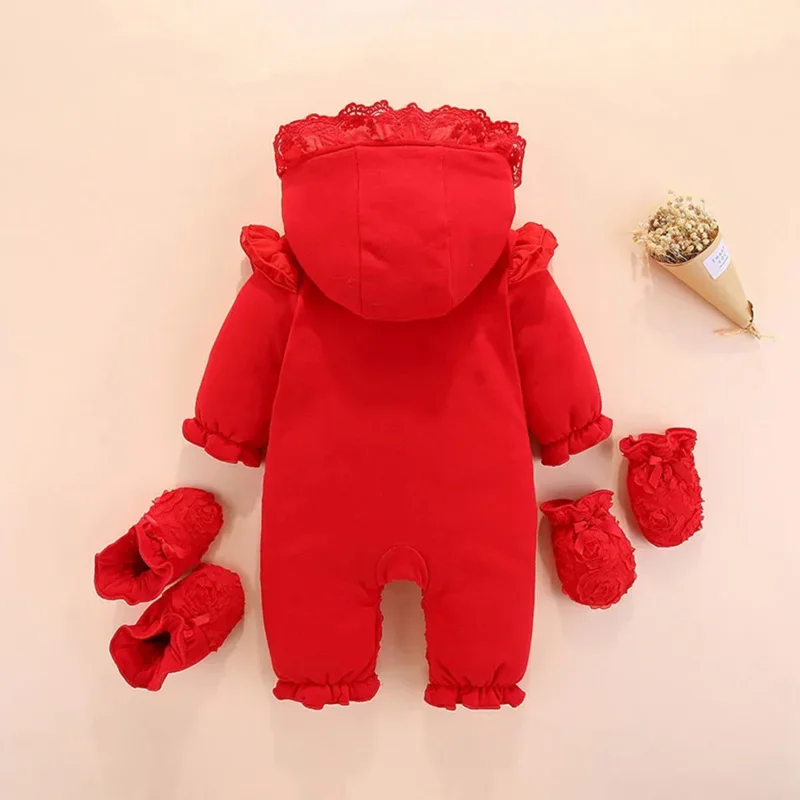 Coslan Baby Hooddied Jumpsuit 0 3 6 9 Months Infant Romper Newborn Baby Girl Clothes Fall Cotton Lace Princess Style Socks Headb