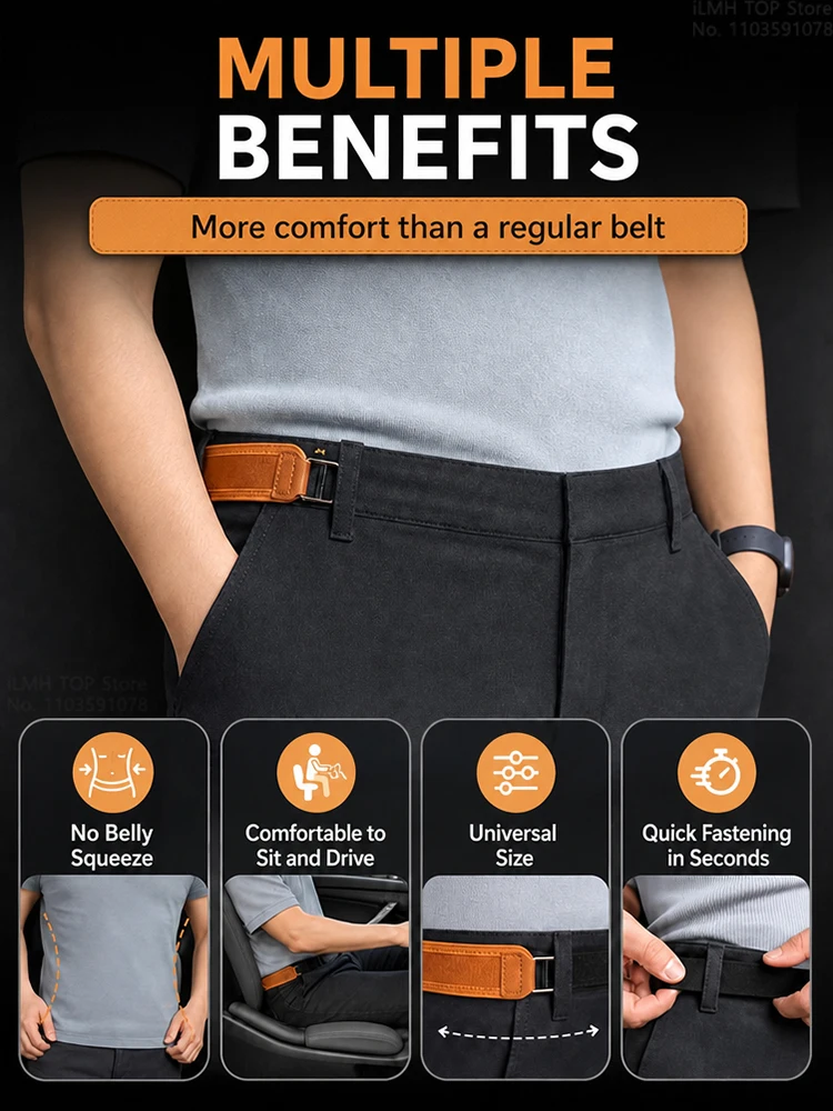 Adjustable No-Buckle Elastic Belt for Men & Women Invisible Metal Hook Side Belt Comfort Stretch Waistband for 1.5" Belt Loops