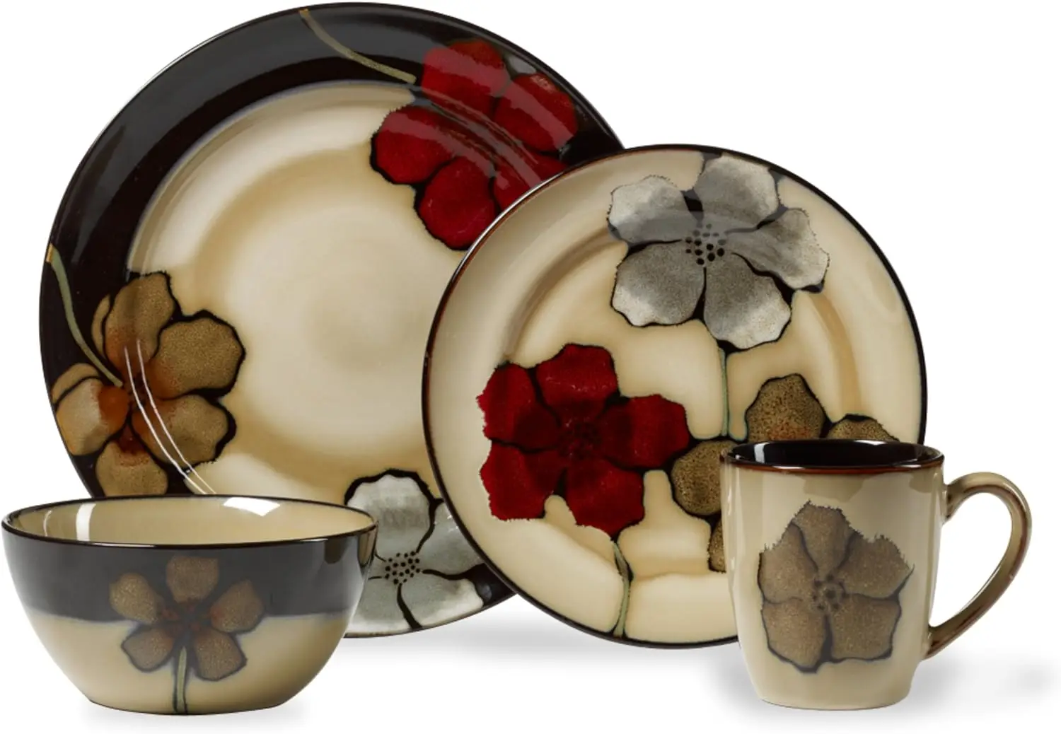 

Painted Poppies 16-Piece Dinnerware Set, Service for 4, Colorful Floral Stoneware Plates, Bowls, and Mugs, Microwave and Dishwas