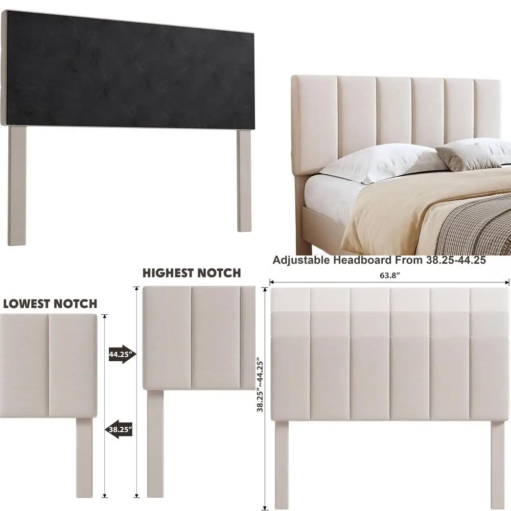 

Queen Size Upholstered Linen Bed Board, Adjustable Height 38-44, Durable Solid Wood, Beige