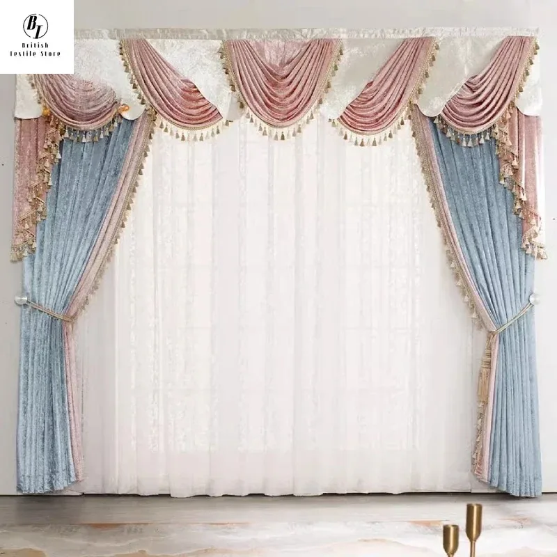 

Custom Size！French Blue and Pink Velvet Splicing Thickened Blackout Elegant Curtains for Living Dining Room Bedroom Decor Window