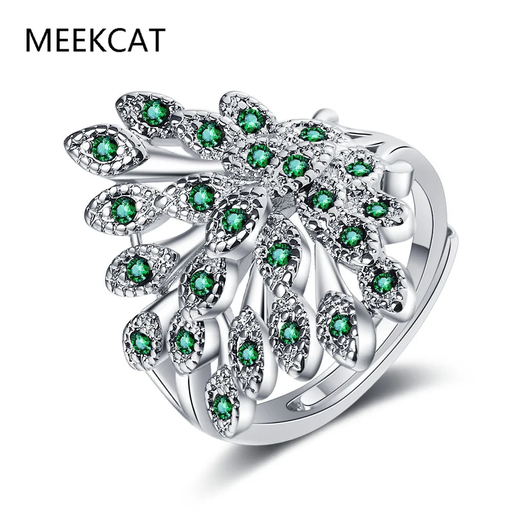 Princess Diana Simulated Green Emerald Created Red Ruby Halo Engagement Ring 925 Sterling Silver Peacock Ring for Women