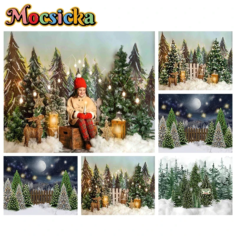 

Mocsicka Winter Christmas Decoration Photography Background Xmas Tree Forest Moon Star Shine Lights Snow Photos Backdrop Props