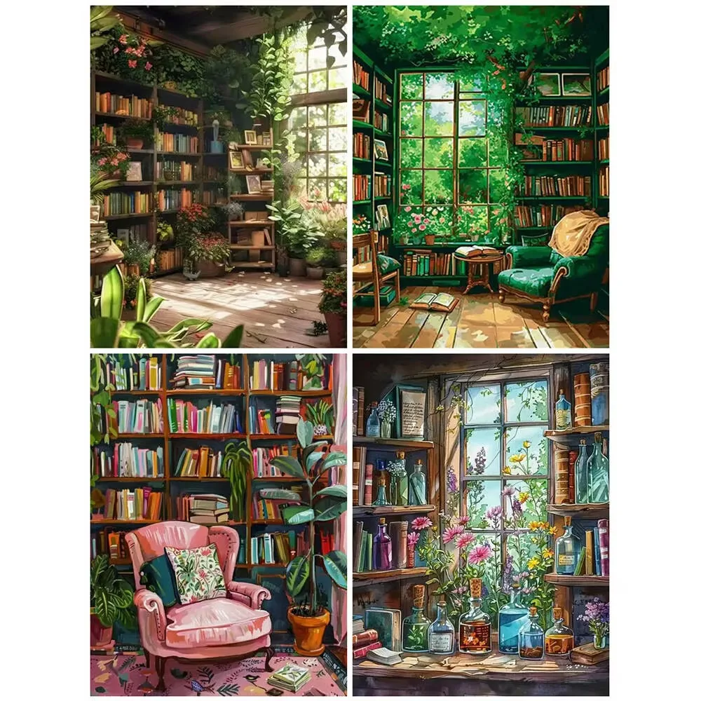 Diamond Painting Indoor Study Room Scene Full Round/Square Diamonds Mosaic Handmade Art Exquisite Gift Home Decor