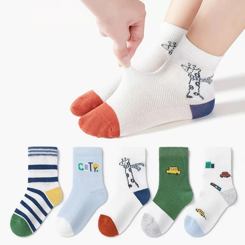 

5Pairs Fashion Cartoon Boys Summer Socks Breathable Baby Mesh Sock Thin Cotton Children SportS Short Sock 0-14Year Kids Footwear